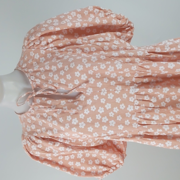 The Self Styler Dress Size 14 Pink White Floral Puff Sleeves Ruffle Tie-up Neck - Picture 3 of 15